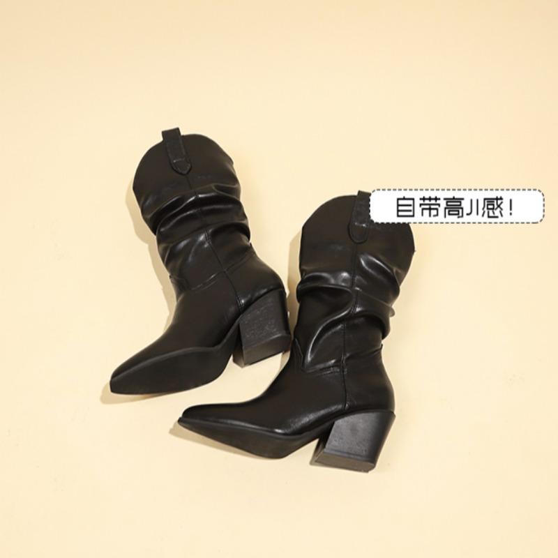Модные высокие каблуки до середины голени плиссированные сапоги для женщин осень-зима черные кожаные сапоги в стиле вестерн женские ковбойские сапоги на толстом каблуке