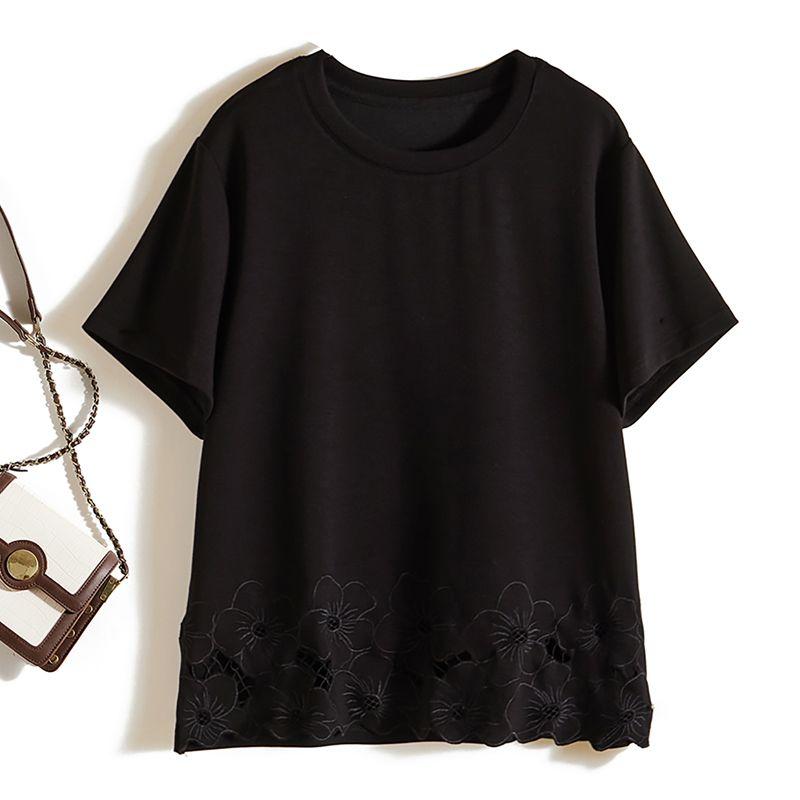 Japanese Style Export Orders! Taipan Pure Color Round Neck New Carved Hollow Flower Craft Short Sleeve Cotton T-shirt for Women Summer