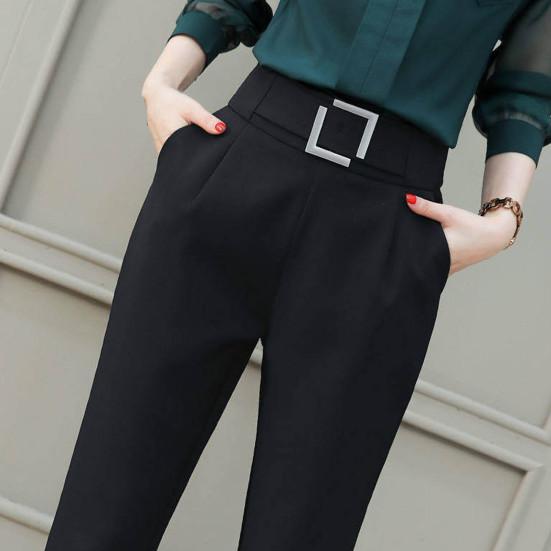Женские повседневные брюки с высокой талией, костюмные брюки с металлическими пряжками и карманами, однотонные облегающие шаровары, рабочая одежда