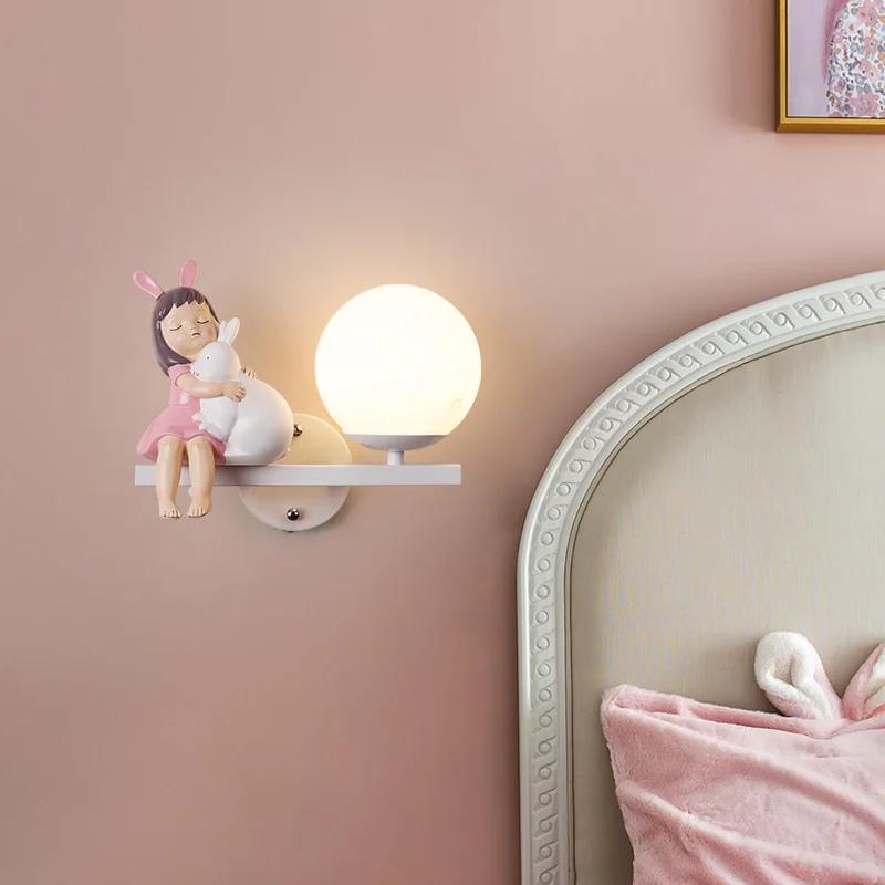 Resin Girls Rabbit Wall Light Glass Ball Led Wall Lamp Nordic Creative Living Room Bedroom Study Home Decor Cartoon Night Light