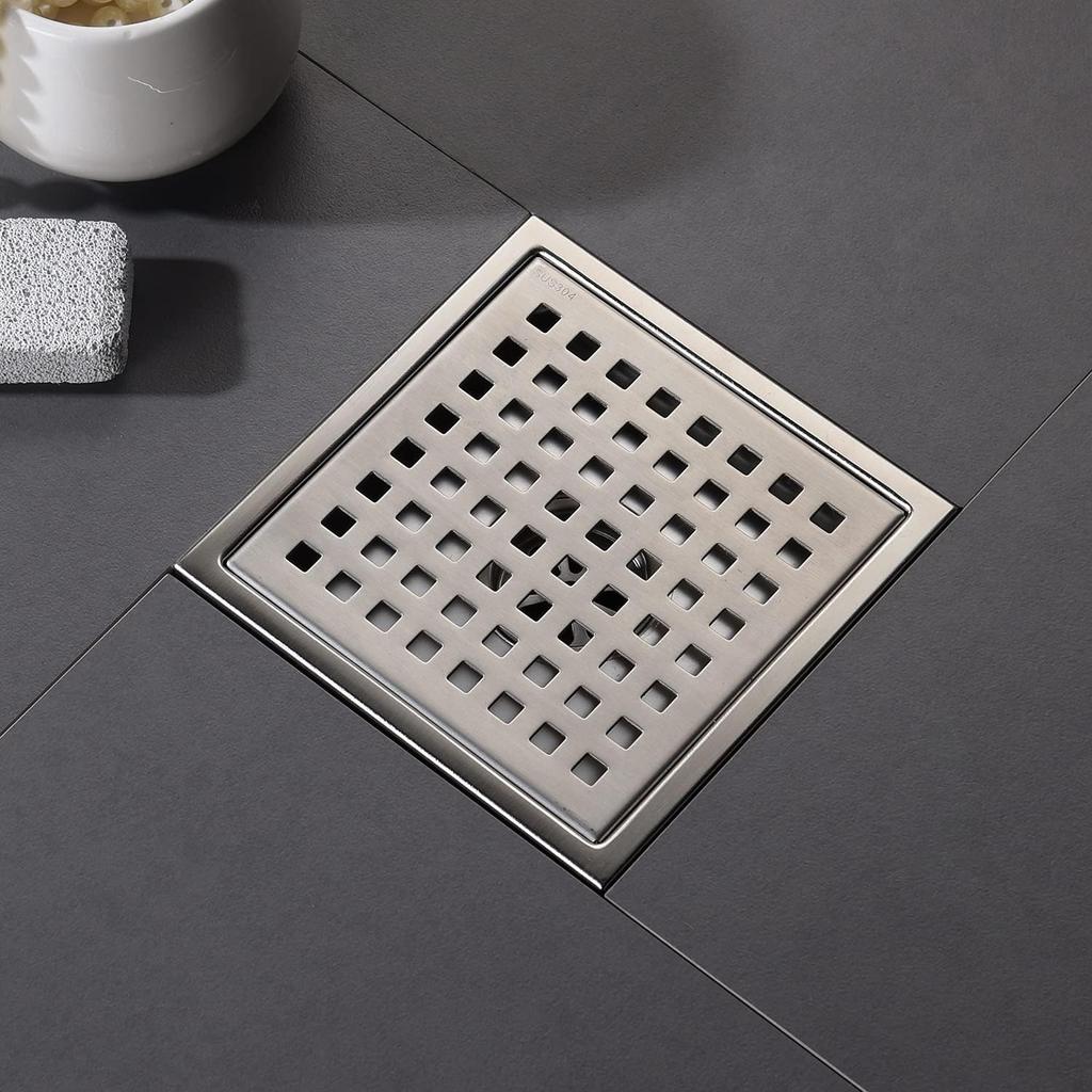 6 Inch Shower Drain Brushed Nickel Square with Adjustable Shower Drain Base Flange SUS304 Stainless Steel Floor Drain Cover Removable Mesh Grille