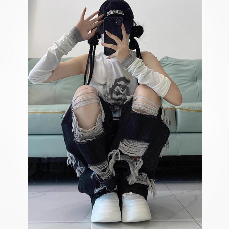 Street Style Ripped Jeans for Women Summer Straight Wide Leg Pants Loose Vintage Trendy Denim Trousers Fashion Clothing Y2k