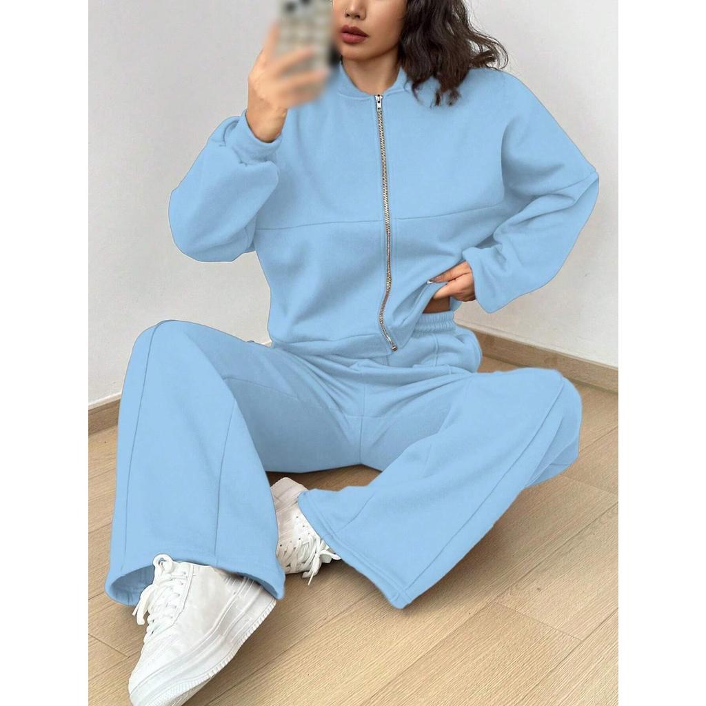 Autumn Solid Color Zipper Casual Sports Long Sleeved Top with Drawstring Casual Pants Two-piece Set