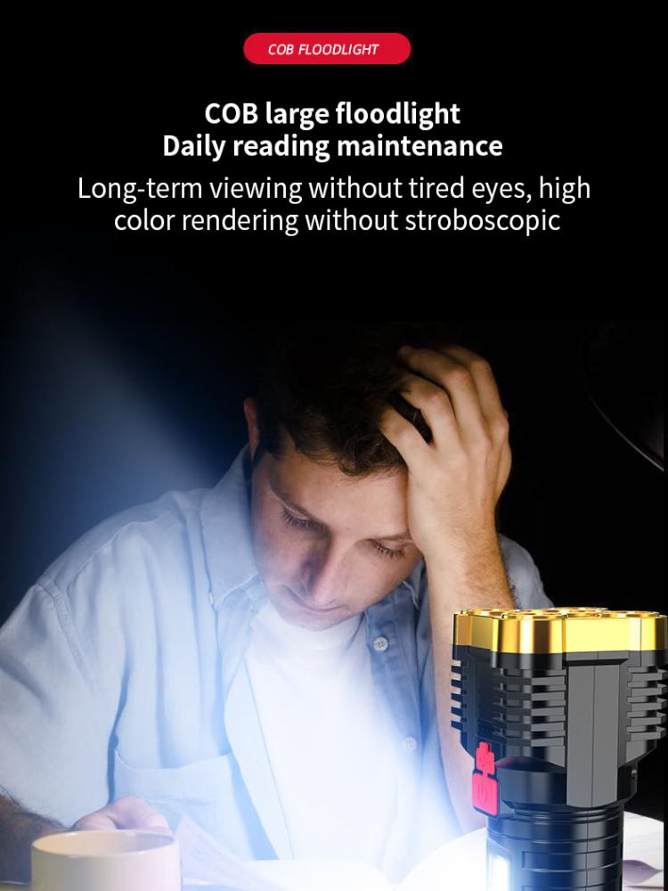 5 LED Flashlight High Power Rechargeable Waterproof Led Long-range Spotlight Battery Display COB Light Outdoor Multi-function
