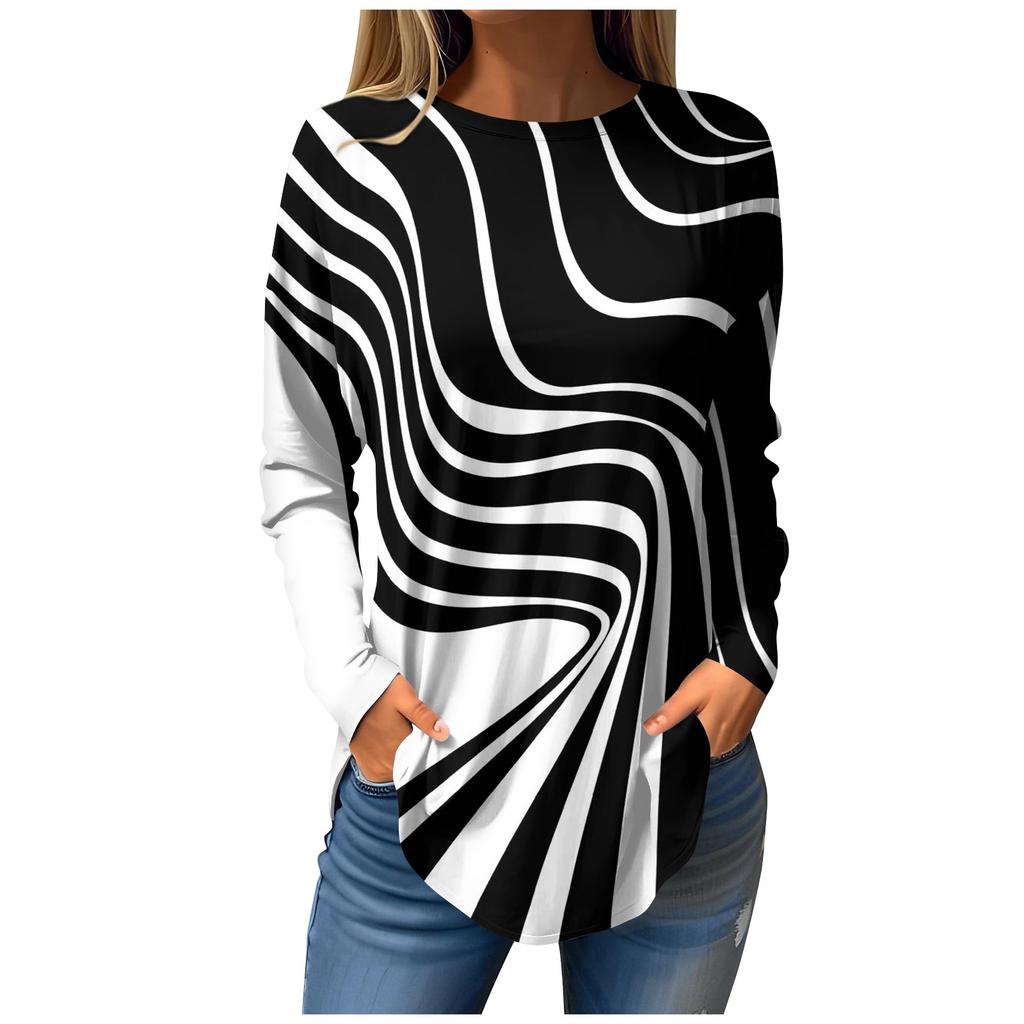 Tee Shirts For Women Fall Casual Long Sleeve Shirts Sweatshirt Geometric Stitching Printing Top Pullover