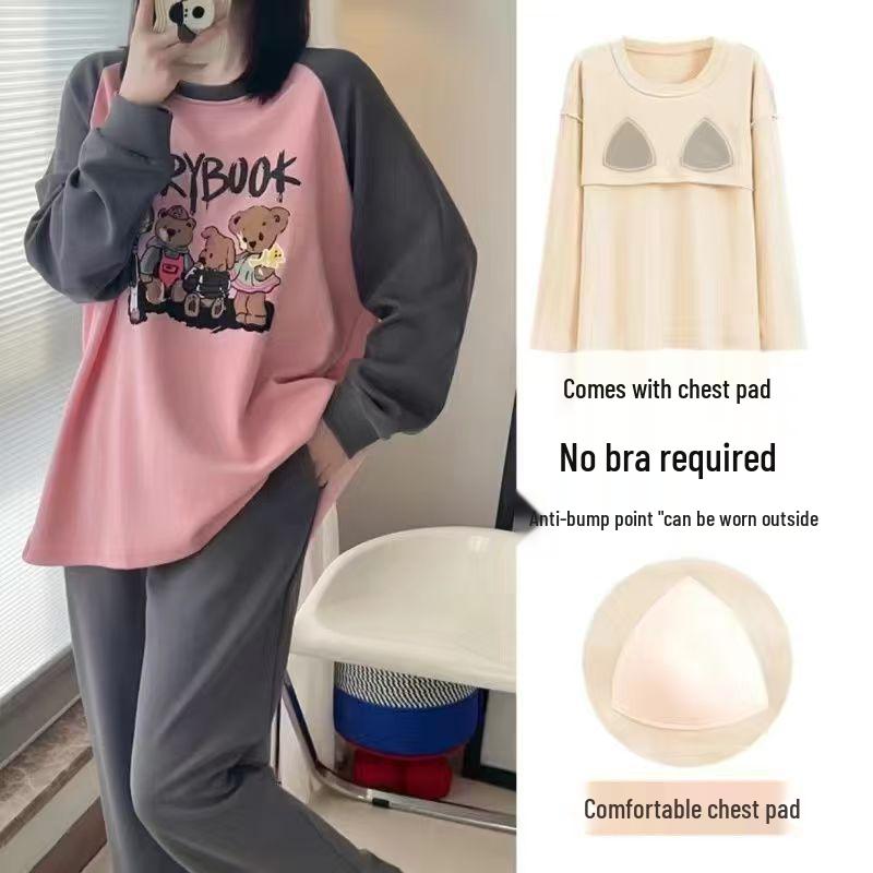 Женский пижамный комплект с нагрудными вкладышами - Длинный рукав, Длинные брюки, Большой размер, Повседневная домашняя одежда для весны, осени, зимы