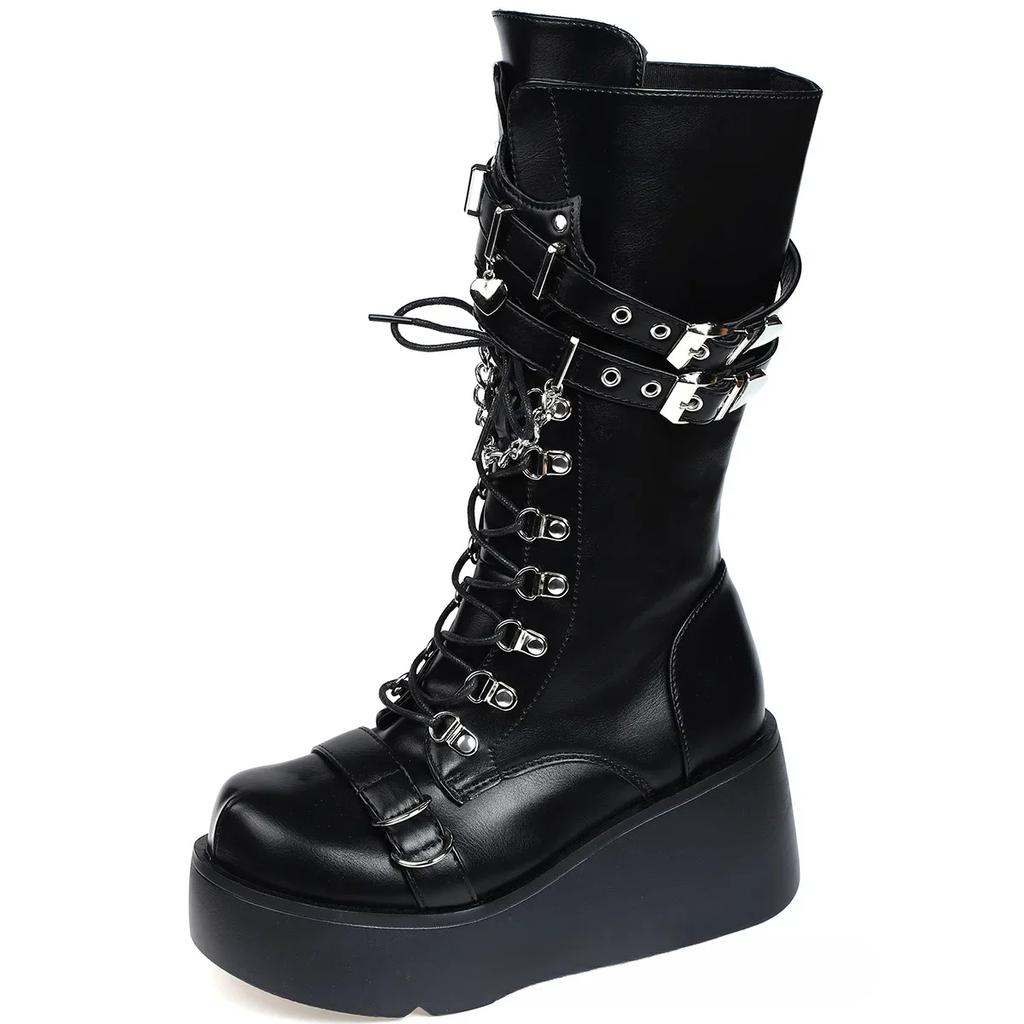 Platform Boots Riveted Buckle Wedges High Women's Boots Punk Spice Chic Biker Rider Boots