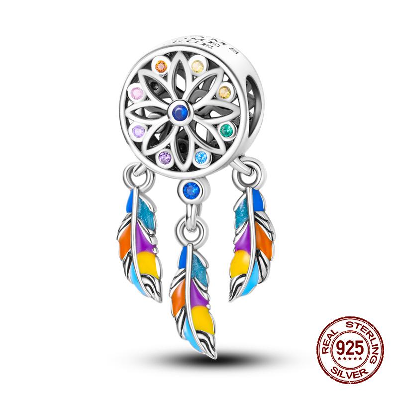 100% оригинальное серебро 925 пробы с перьями, красочные подвески в виде ловца снов, подвески, подходят для оригинальных браслетов 925, ювелирные изделия своими руками