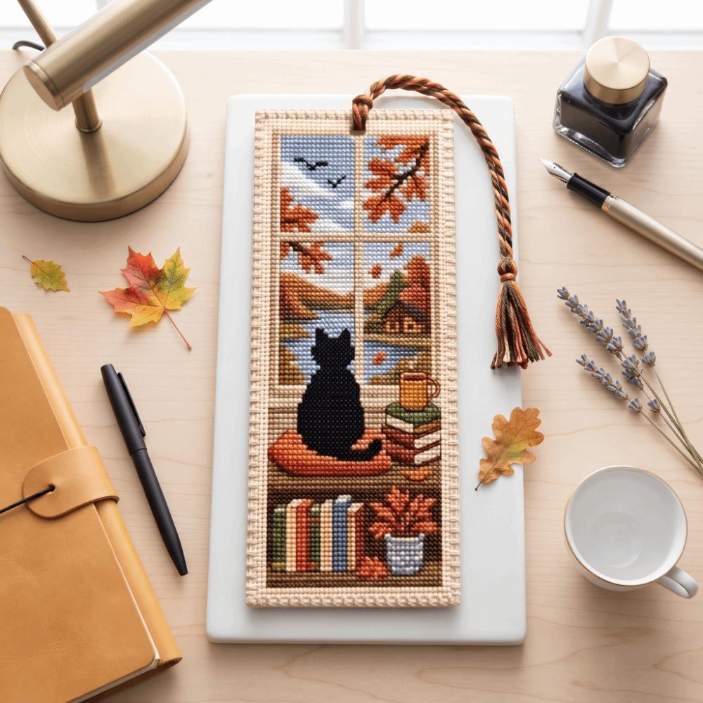 Cross Embroidery Seasonal Cat Embroidery Bookmark Handcrafted Stamped Embroidery Seasonal Cat Bookmark Material Kit Cute