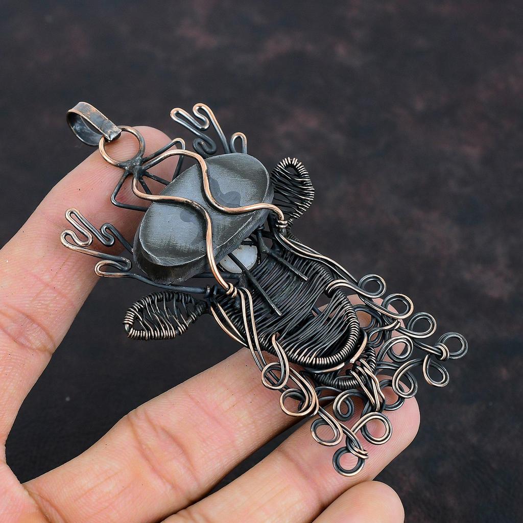 Грубый кулон из шунгита, медная проволока, кулон, кулон из радужного лунного камня, ювелирные изделия для лица оленя, настоящий драгоценный камень, кулон ручной работы, подарки для нее