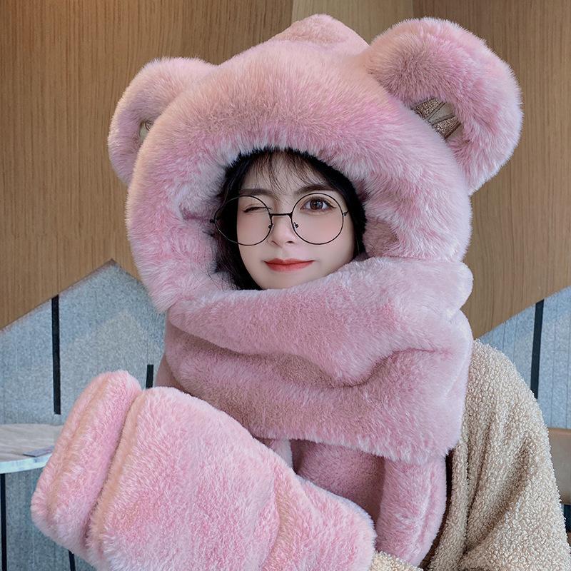 Cute Little Bear Thickened Warm Scarf Hooded Scarf Winter Gloves Three Piece Hat for Women