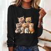 Womens Cat Print Loose T-Shirt Animal Print Long Sleeve Shirt Fashion Clothing 2024 Ladies Cute Print Long Sleeve