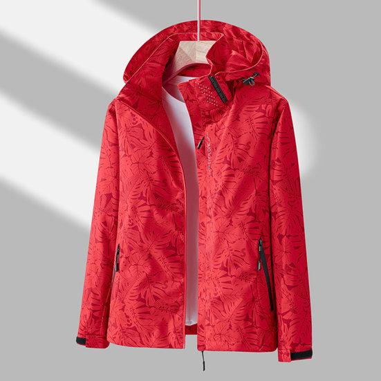 Women Jacket Outdoor Windbreaker Single-layer Waterproof Leaf Print Breathable Long Sleeve Hooded Zipper Pockets Zip Up