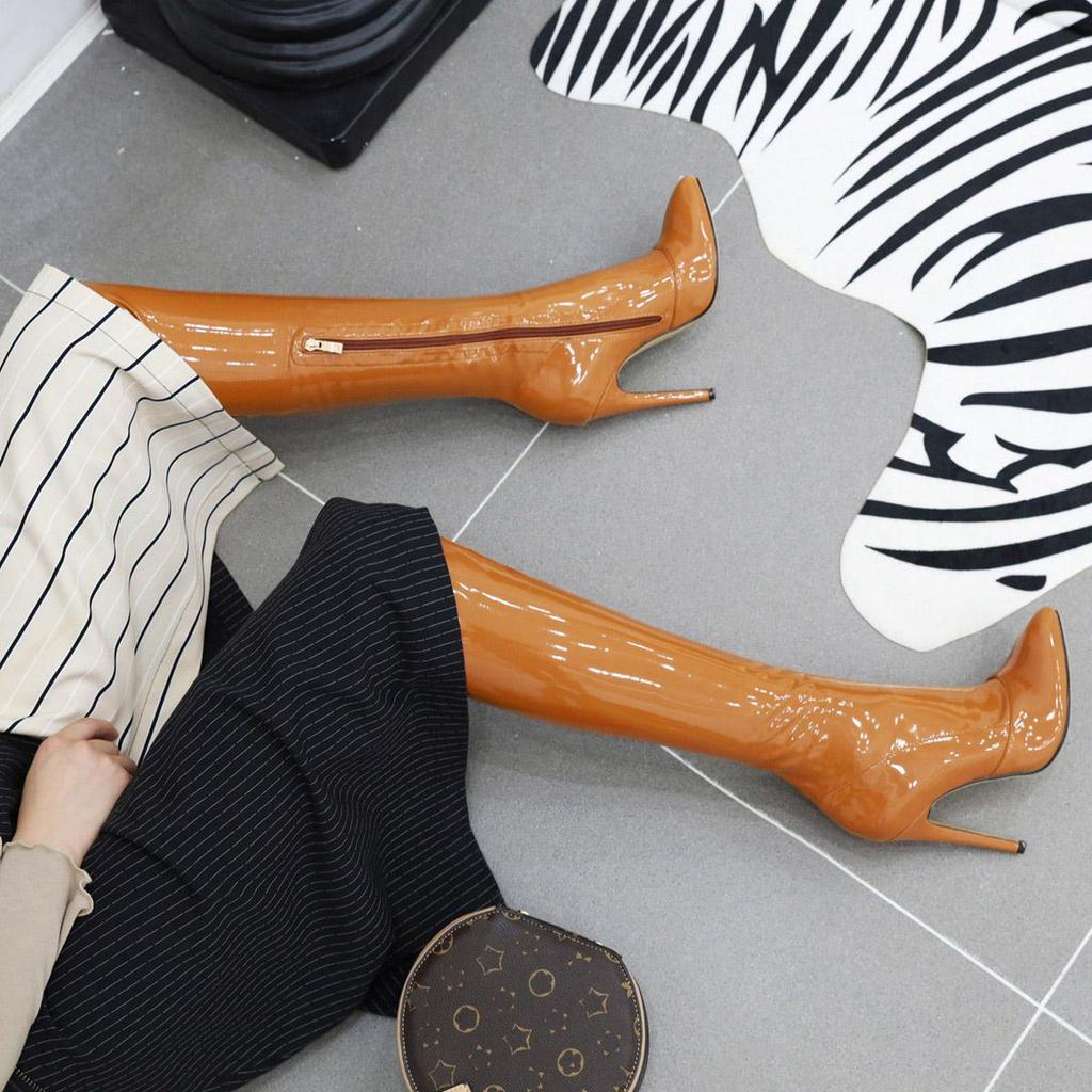 Q/Women's High Heeled Boots, Sexy Pointed Toe Thin Heel Knee Length Boots, Oversized Women's Shoes