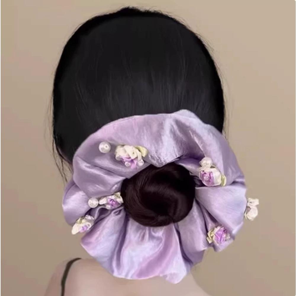 1Pc French Sweet Flower Large Intestine Scrunchie High-End, Korean Satin Rose Hair Rope Low Ponytail Rope Headdress