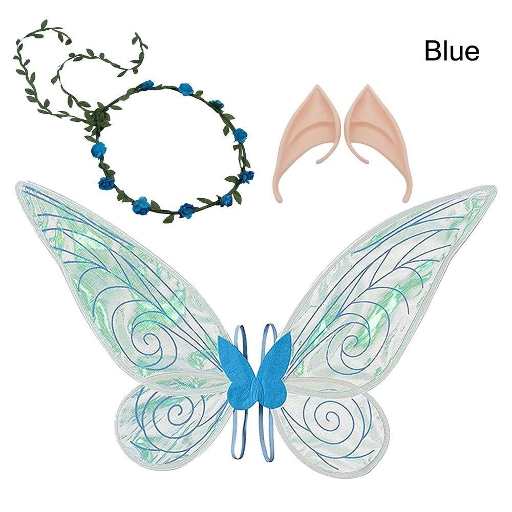 Костюм на Хэллоуин с блестящими крыльями феи, крыльями бабочки с цветочной короной и эльфийскими ушками, подарок на вечеринку