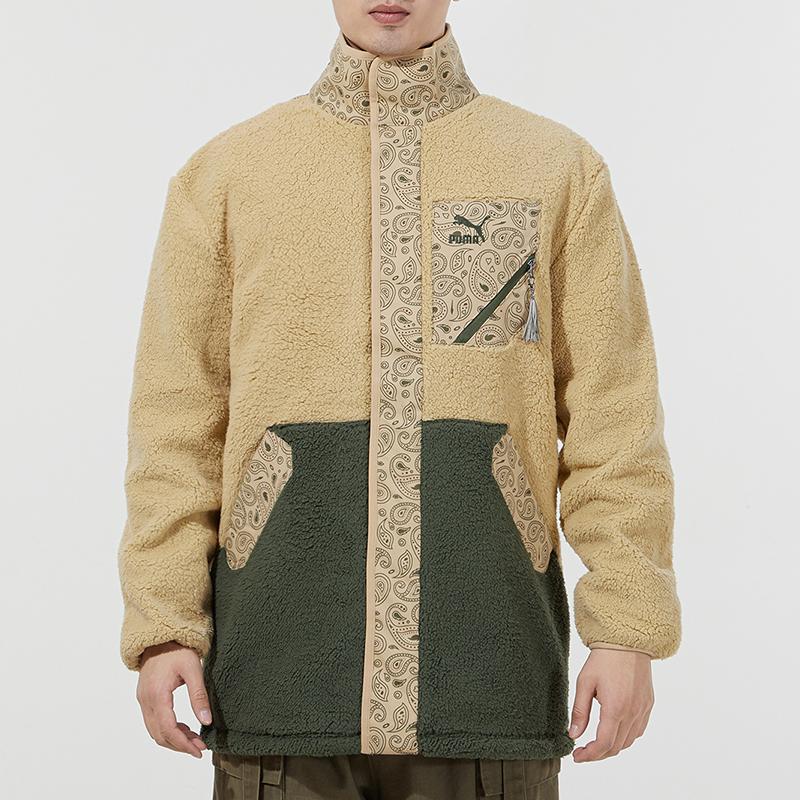 Puma Paisley Cashew Flower Patch Pocket Contrast Fleece-Lined Stand Collar Logo Jacket Men Jackets Khaki 534984-12
