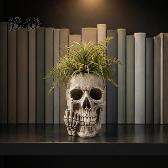 Resin Succulent Planter Gothic Skull with Middle Finger Design, Skeleton Flower Pot Retro Bone Texture Vase for Succulents, Funny Plant Ornament