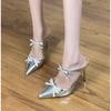 Fashion Spring New Pointed Toe Women Slipper Fashion Butterfly-knot Shallow Slip On Ladies Mules Shoes Thin High Slides Zapatos Mujer