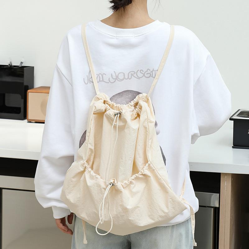IELGY Japanese Casual Art Canvas Backpack, Fashionable Drawstring Pleated Schoolbag, Nylon Large-capacity Backpack, Khaki.