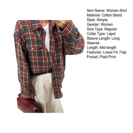 Женская рубашка с длинным рукавом, клетчатым принтом, свободным кроем, карманом-клапаном, планкой на пуговицах, рубашка средней длины