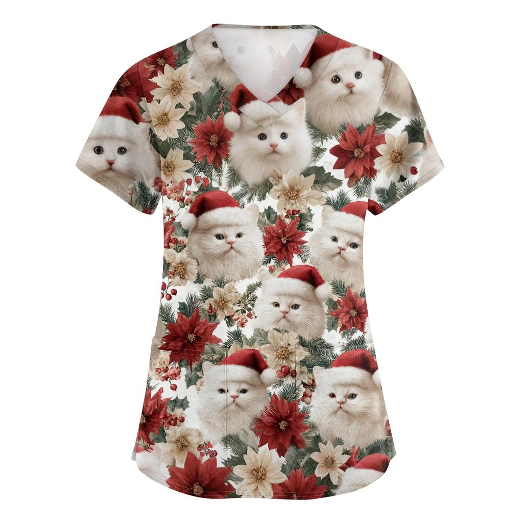 Женский топ защитного костюма с V-образным вырезом, рождественским принтом, короткими рукавами, карманом и боковым разрезом