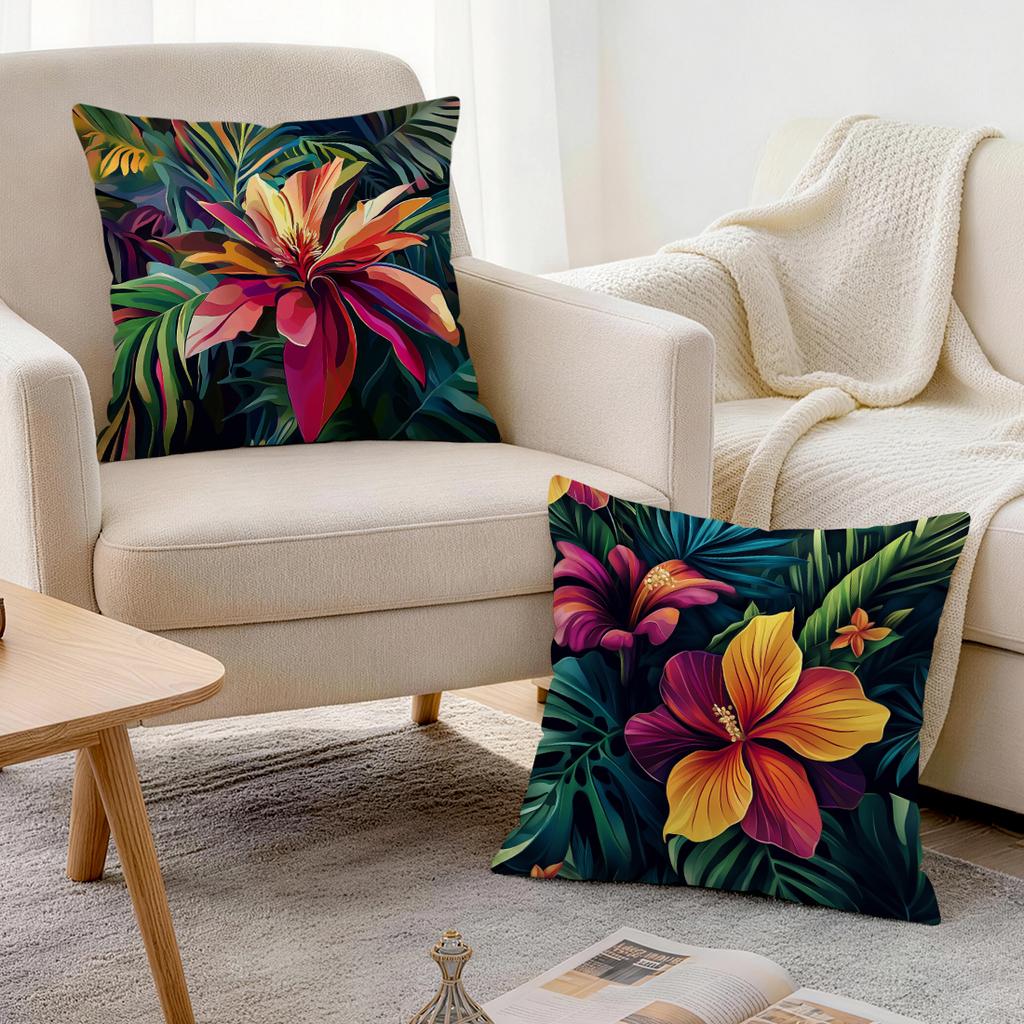 4 Pcs Tropical Plants And Flowers Single-Sided Printed Pillowcase Cushion Cover,Suitable For Living Room,Bedroom,Car Decoration