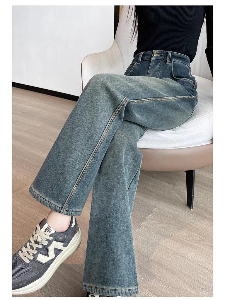 Женские плюшевые джинсы с высокой талией и широкими штанинами - Зима 2024 Ретро Прямые брюки