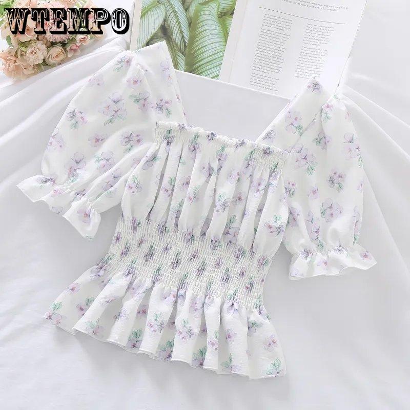 WTEMPO Женские летние шифоновые рубашки с цветочным принтом, женские повседневные желтые фиолетовые укороченные топы с квадратным воротником и коротким рукавом