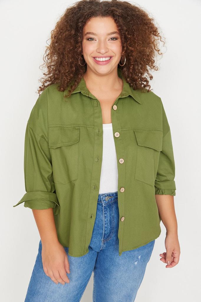 Women's Style Plus Size Shirt Khaki Color Pocket Detailed Shirt