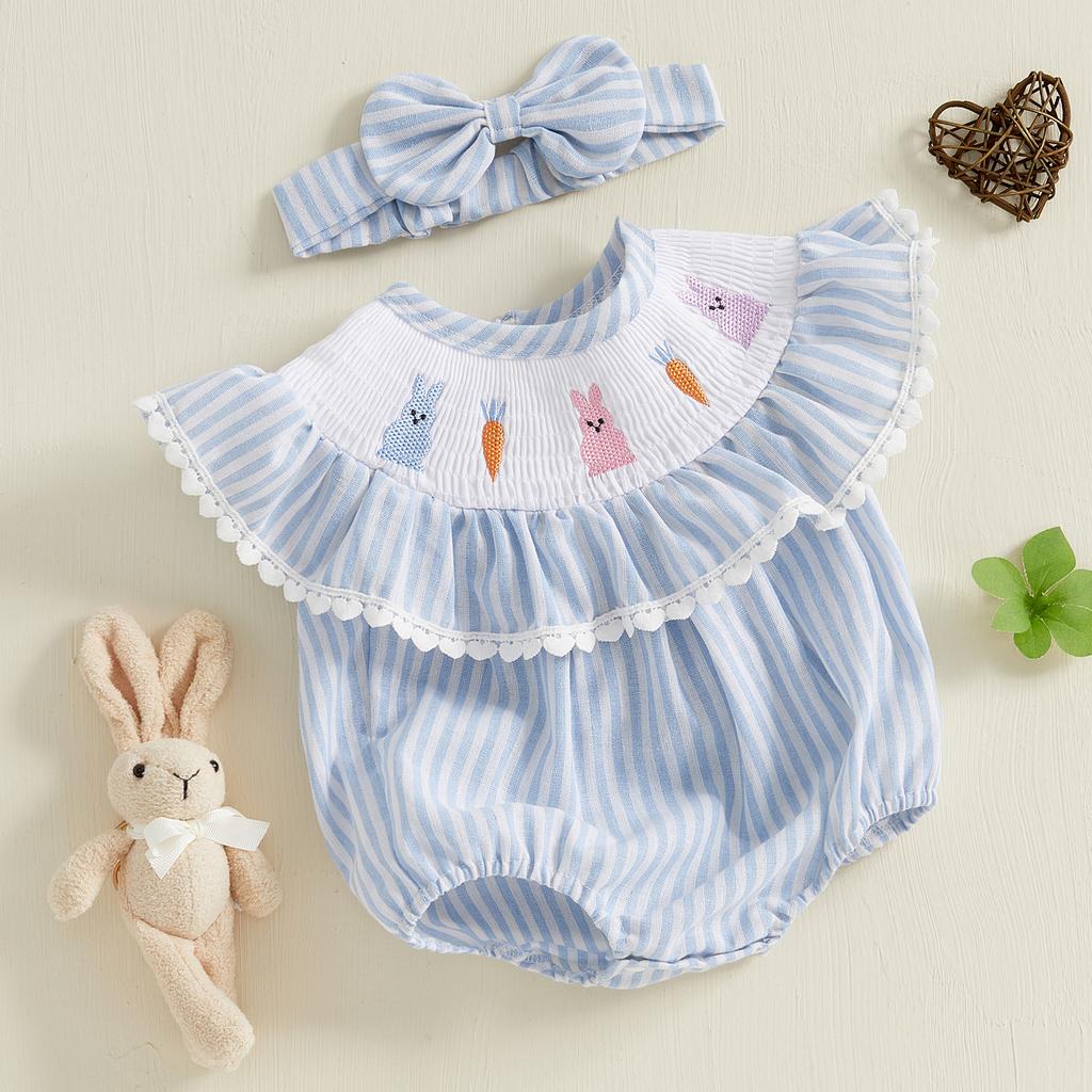 Baby Girls Rompers Easter Clothes Rabbit Carrot Embroidery Stripe Ruffles Sleeveless Infant Bodysuits Jumpsuits with Headband
