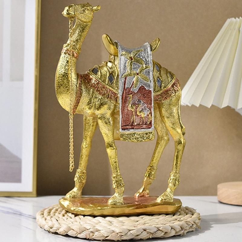 Artistic Camels Sculpture Resins Middle Eastern Ornament Gold Desert Animal Figurine for Living Room and Office Display