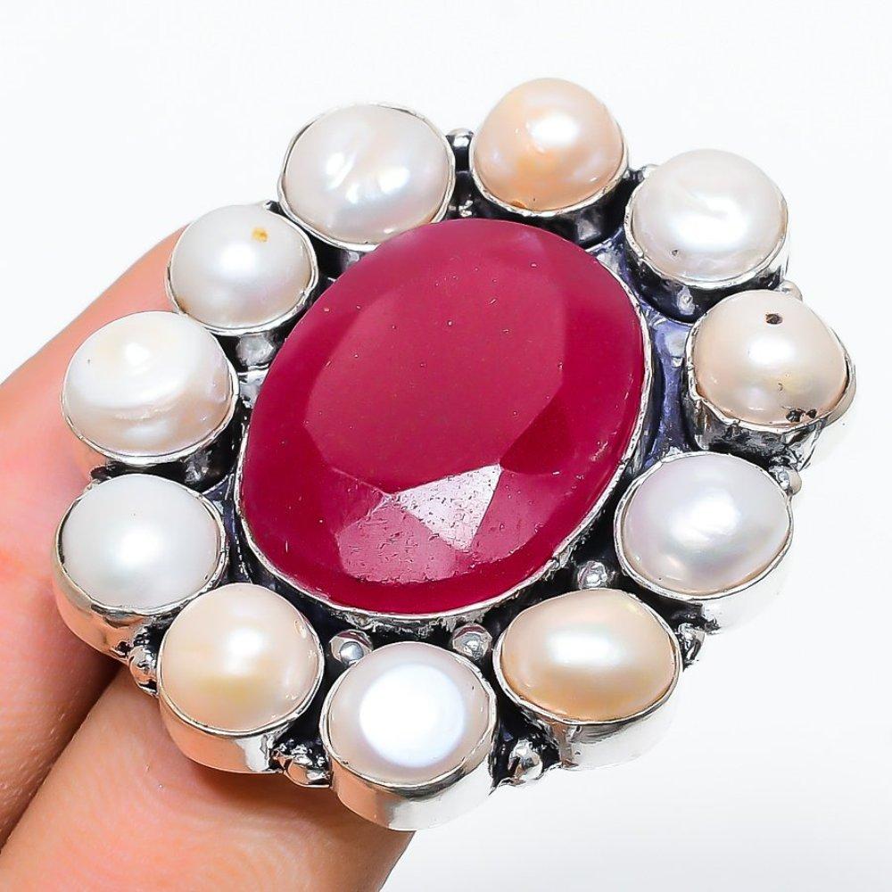 Кольцо из серебра 925 пробы с натуральным рубином и жемчугом, размер 8, d1s61