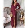 Women's Deep V-neck Long-sleeved Dress, Pleated, High-waisted Split, Club Party Evening Dress, Solid Color Long Skirt
