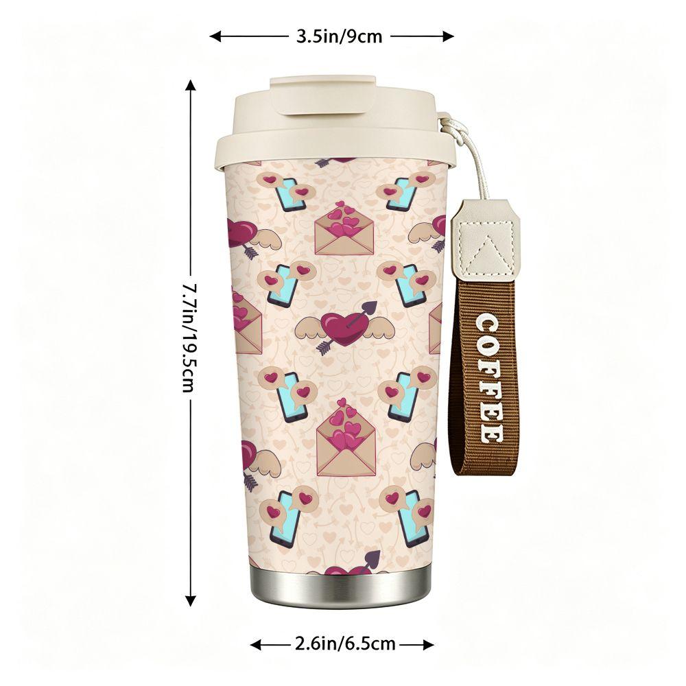 Love Letter and Cupid Heart Pattern Stainless Steel Insulated Coffee Tumbler, Reusable Travel Mug for Hot Cold Drinks, Romantic Valentine Gift