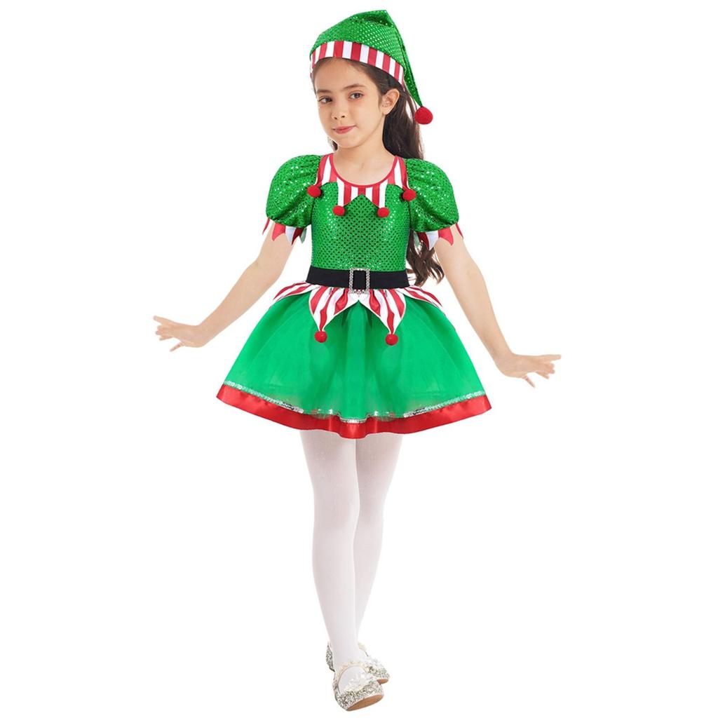 Kids Girls Christmas Holiday Outfit Santa's Elf Cosplay Costume Xmas Fancy Dress with Hat
