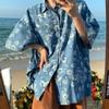 Floral Print Washed Denim Short Sleeve Shirt Loose Beach Shirt