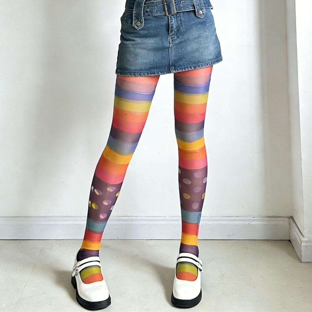 Elastic Rainbow Pantyhose Breathable Gradient Color Tights Colorful Stripes Stockings Party
