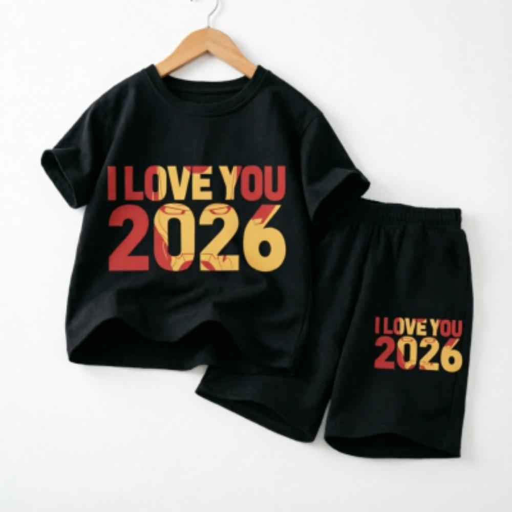 Fashion Letters I Love You 2026 Print Outdoor Street Kids T-shirt and Shorts Summer Home Casual Outfit Boy and Girl's Sports Set