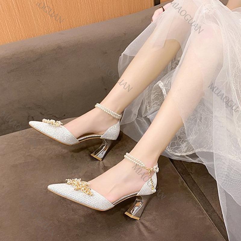 Модная обувь Женские туфли на высоком каблуке Женская свадебная обувь Обувь для невесты Женские туфли-лодочки Сандалии Жемчужная пряжка на щиколотке Элегантное платье Женская обувь на каблуке