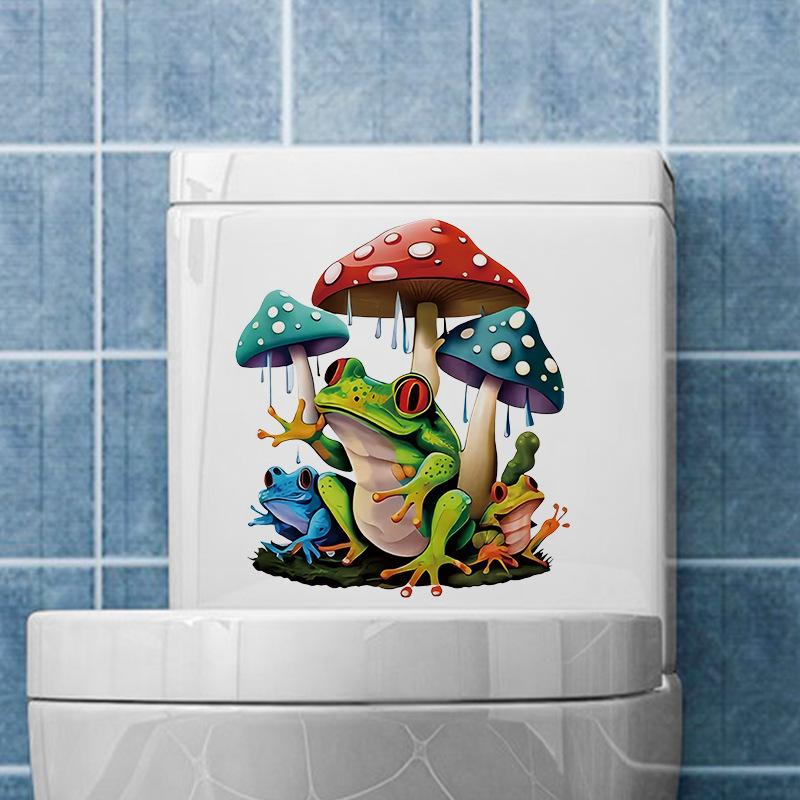 Cartoon Frog Stickers Waterproof Self Adhesive Toilet Decoration Anime Magic Mushroom Vinyl Tank Stickers for Bathroom Home