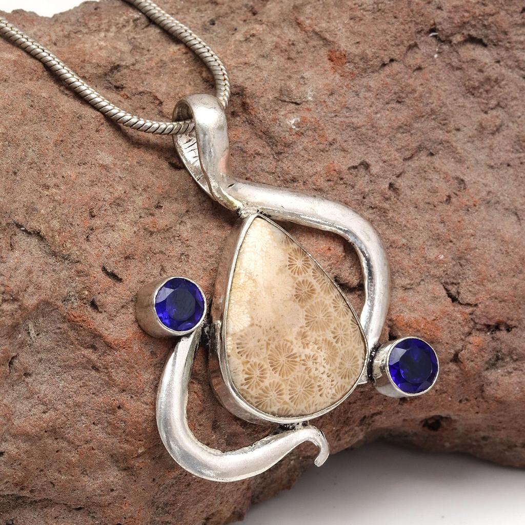 Fossil Coral Tanzite Gemstone Mother's Day Silver Jewelry Pendant  1.75"