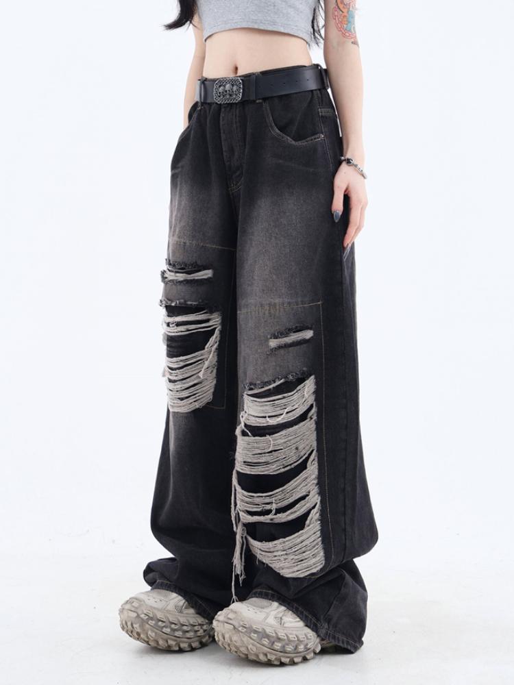 Готические черные джинсы с высокой талией, винтажные женские корейские модные уличные рваные брюки Y2k, женские повседневные широкие джинсовые брюки в стиле Харадзюку