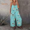 Летний женский комбинезон с регулируемым ремешком на тонких бретельках, без рукавов, с открытой спиной, с широкими штанинами, свободный цветочный принт, глубокая промежность, боковые карманы, плиссированные, для отдыха, пляжа