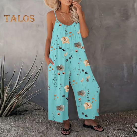 Летний женский комбинезон с регулируемым ремешком на тонких бретельках, без рукавов, с открытой спиной, с широкими штанинами, свободный цветочный принт, глубокая промежность, боковые карманы, плиссированные, для отдыха, пляжа