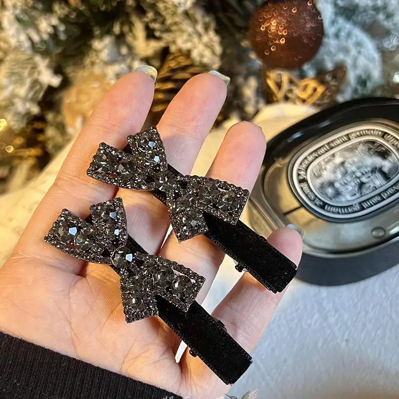 2 шт. Милые заколки для волос с бантиками и стразами для девочек, кавайные, милые головные уборы, бархатные заколки-бантики типа «утиный клюв», детские боковые заколки, заколка для челки