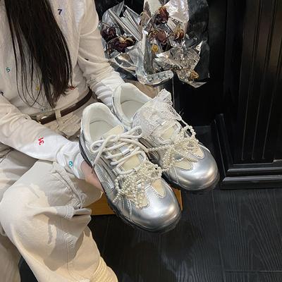 Версия из мягкой кожи ~ та же модель Su Yinyin с полумесяцем на шнуровке и жемчужинами, с поясом в виде мандаринки, на платформе, повседневные спортивные туфли, женские немецкие кроссовки