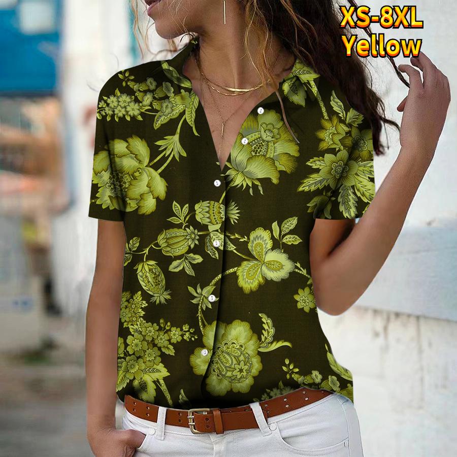 Лето 2025 Новая Мода Женская Блузка с Коротким Рукавом и V-образным Вырезом на Пуговицах с Цветочным Принтом