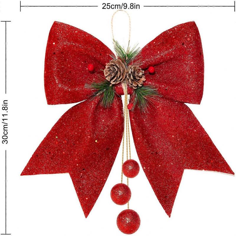 4pcs Christmas Bow, Wreaths Bows, Large Glitter Ribbon Bow Tie, Large Xmas Bows, Wreath Ornament Decor for Christmas Tree Party Gift, 9.8 x 11.8