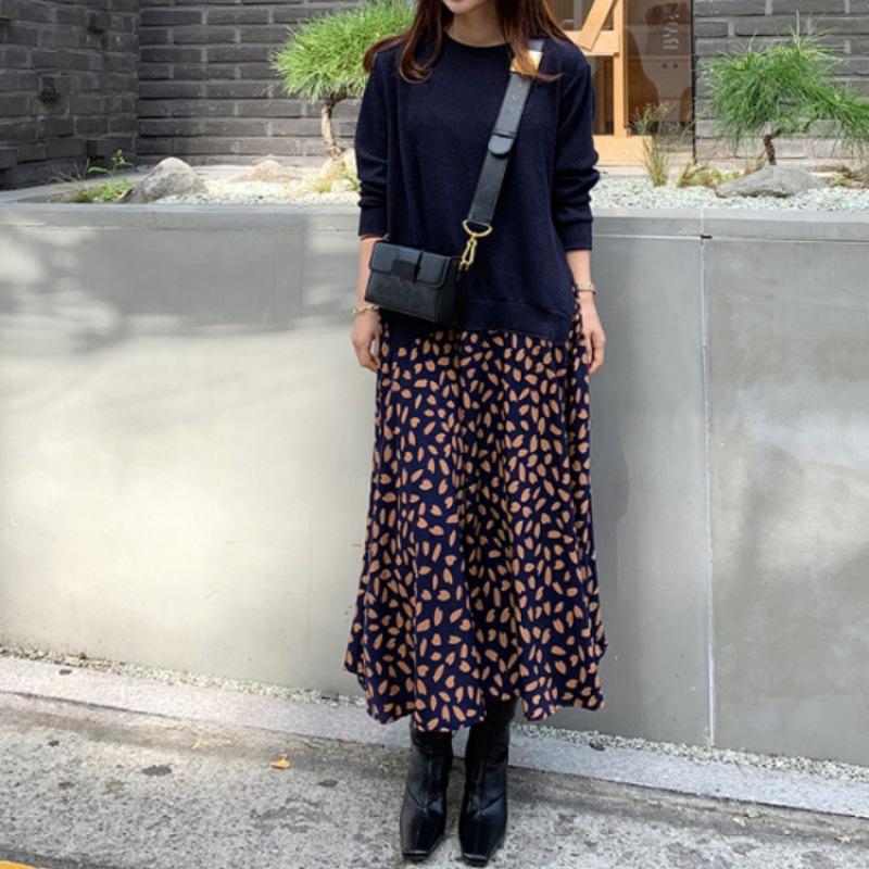 Платье макси с длинными рукавами и принтом в складку 2023 года с имитацией двух частей